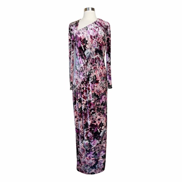 AIDAN MATTOX Velvet Dress Floral Maxi Stretch Multicolor Pink Long Sleeve 6 NWT - Picture 1 of 11